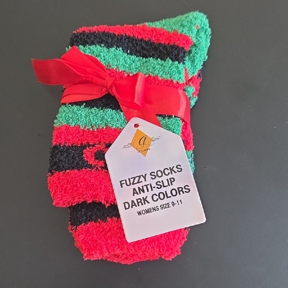 NWT Cozy Fuzzy Anti-Slip Socks - Red & Green Stripe